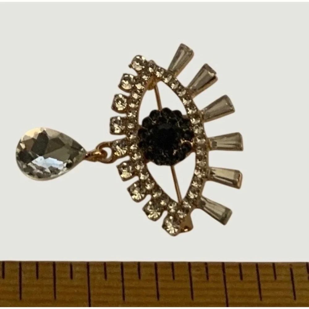 Gold Tone Evil Eye Rhinestone Brooch Pin Crystal Teardrop Charm Baguette Eyelash